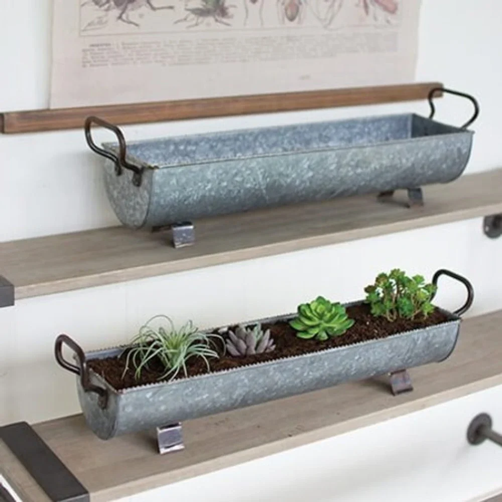 Rustic Galvanized Metal Trough Planter with Handles Farmhouse Centerpiece 22in